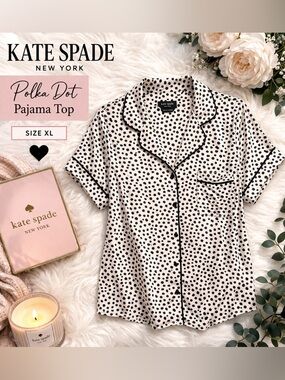 Kate Spade Polka Dot Pajama Top Black White Button Front Size XL